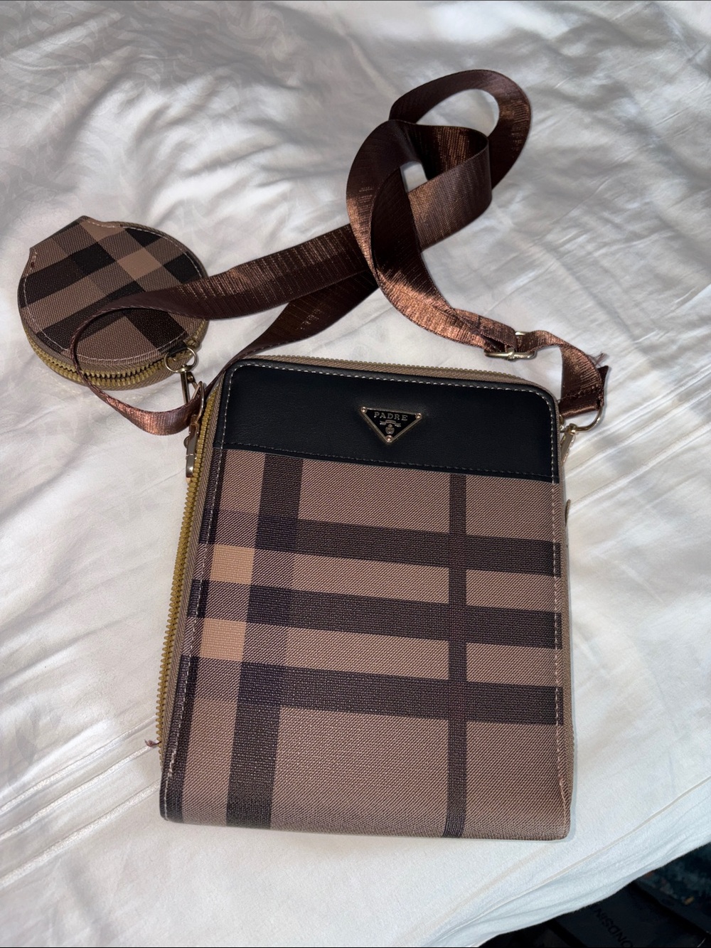 Source Unknown Taupe and Dark Brown Plaid Crossbody Messenger Bag